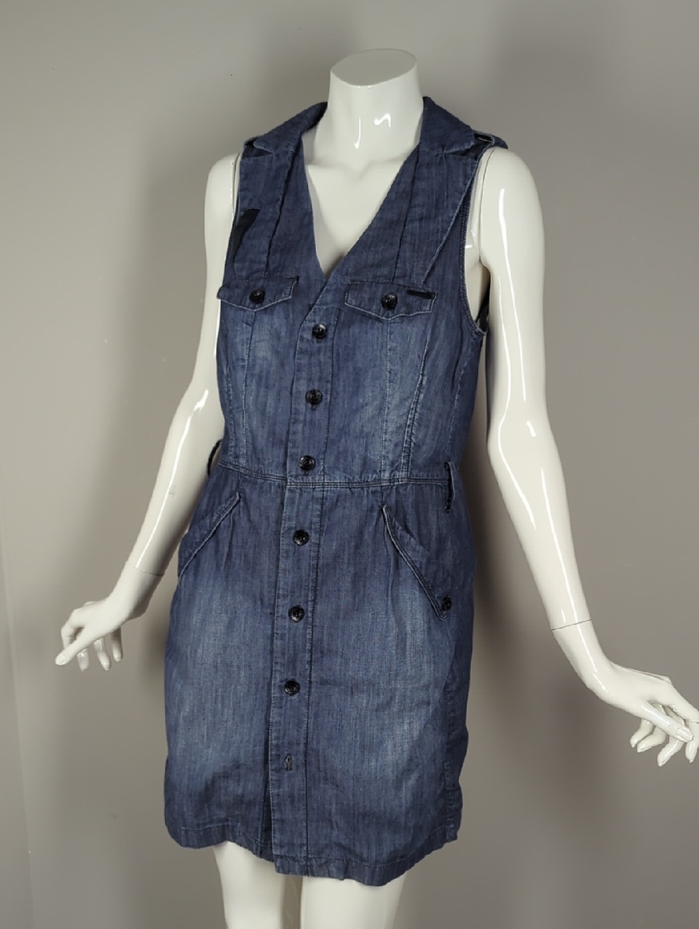 diesel Button-Front Sleeveless Denim Dress in Washed Blue Small